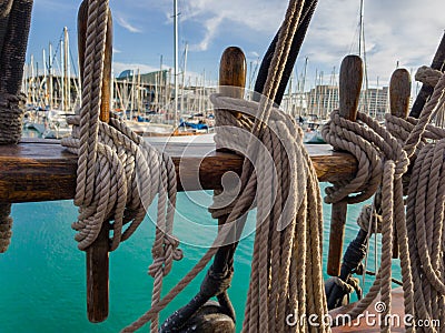 Pines with fixed running rigging. An old sailing ship Stock Photo