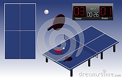 Ping Pong isometric playground table, ball, rackets, and scoreboard. Ping Pong playground top view. Isolated Vector Illustration