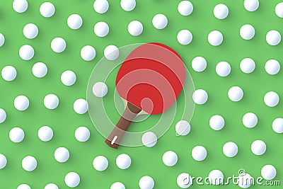 Ping pong paddle with balls on green background. Game for leisure. Sport equipment Stock Photo