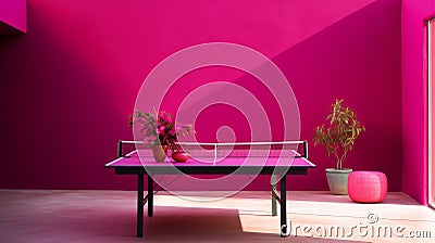 Ping Pong Table Against A Pink Wall In Lush Monochromatic Style Stock Photo