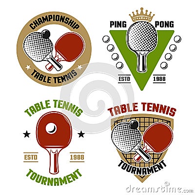 Ping pong or table tennis set of four vector colored emblems, labels, badges, logos isolated on white background Vector Illustration