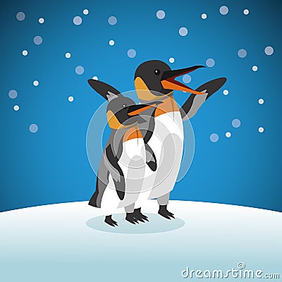 Pinguin icon. Snowing background. Vector graphic Vector Illustration