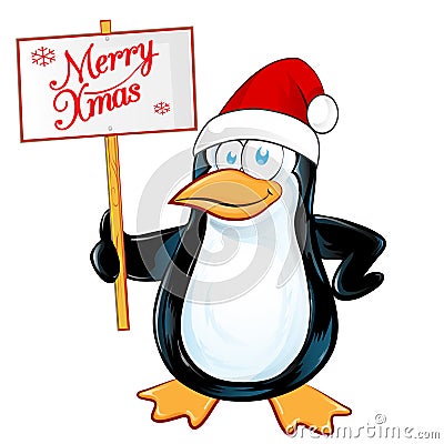 Pinguin Santa Claus with merry christmas signboard. Isolated illustration Vector Illustration