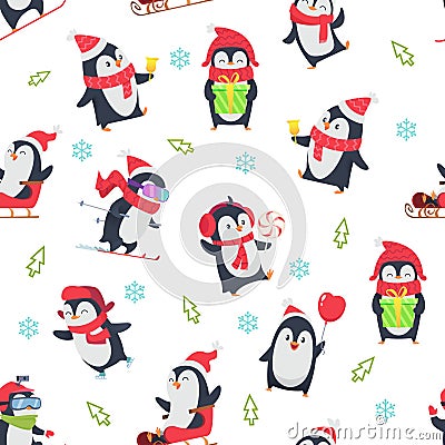 Pinguin seamless pattern. Cartoon textile design with vector illustration of winter snow wild cute animal in various Vector Illustration