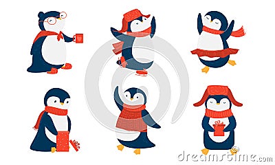 Pinguins in red scarfs and hats enjoying life vector illustration Vector Illustration