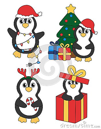 Set of cartoon Christmas and New Year Penguin characters. Cute Penguins in gift box, garland, candy cane, Christmas tree Vector Illustration