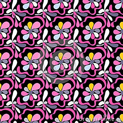 Pink abstract flowers on a black background seamless pattern Vector Illustration