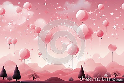 Pink abstract surreal background with stars, balls and unreal landscape. Pink dreams. Stock Photo