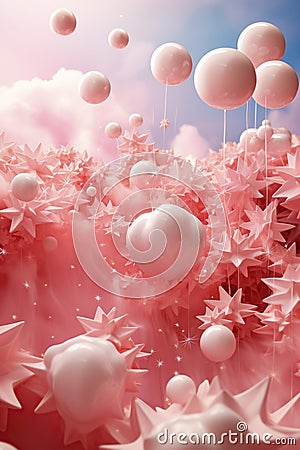 Pink abstract surreal background with stars, balls and unreal landscape. Pink dreams. Stock Photo