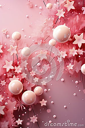 Pink abstract surreal background with stars, balls and unreal landscape. Pink dreams. Stock Photo