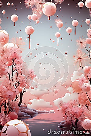 Pink abstract surreal background with stars, balls and unreal landscape. Pink dreams. Stock Photo