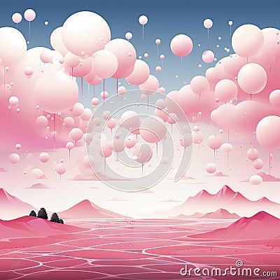 Pink abstract surreal background with stars, balls and unreal landscape. Pink dreams. Stock Photo