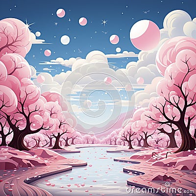 Pink abstract surreal background with stars, balls and unreal landscape. Pink dreams. Stock Photo