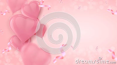 Pink Air Heart Shaped Balloons. Vector holiday illustration of flying balloons and confetti particles on rosy background Cartoon Illustration
