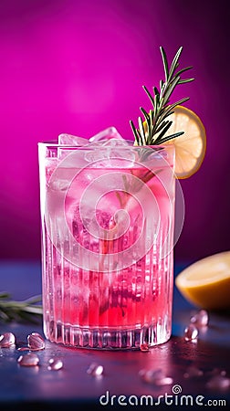 pink alcohol cocktail with gin tonic and rosemary, generative AI Stock Photo