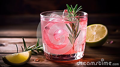 pink alcohol cocktail with gin tonic and rosemary, generative AI Stock Photo