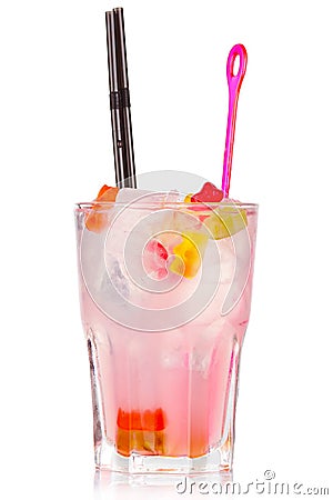 Pink alcohol cocktail with gummy bear candies isolated on white Stock Photo