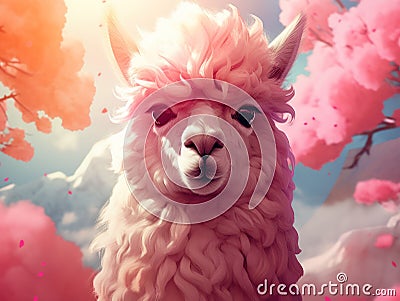 pink alpaca among pink clouds Stock Photo