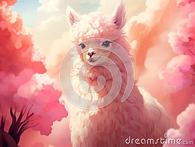 pink alpaca among pink clouds Stock Photo