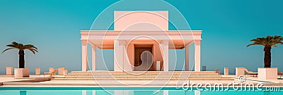 Pink architecture structure and swimming pool on sunny day. Summer minimalist background. Created with generative Ai Stock Photo
