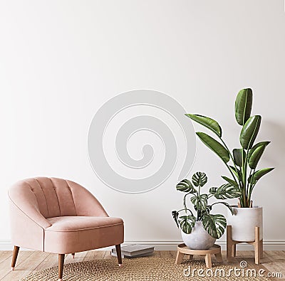 Pink armchair and green plants bright modern room on minimal empty background, wall mockup Stock Photo