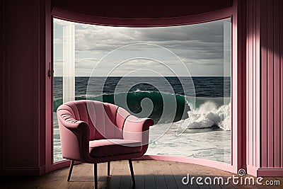 a pink armchair on a terrace overlooking the ocean, with a view of crashing waves Stock Photo