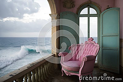 a pink armchair on a terrace overlooking the ocean, with a view of crashing waves Stock Photo