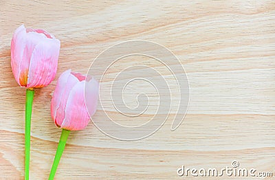 Pink artificial tulips on wood background, copy space Stock Photo