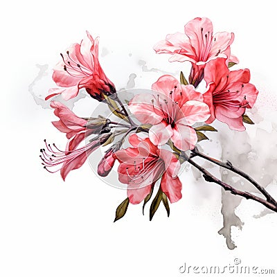 Pink Azalea Branch: Watercolor Painting With Realism And Surrealistic Elements Stock Photo