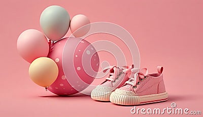 Pink baby shoes with colorful balloon on pink background with space for tex. minimal hollyday concept, Generative Ai Stock Photo