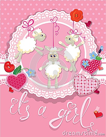 Pink baby shower card with sheep and hearts Vector Illustration