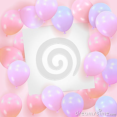 Pink background from balls with a blank sheet of paper. Template for celebration of happy birthday, Valentines Day, wedding Vector Illustration