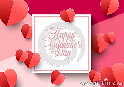 Pink background with 3D paper red hearts and Happy Valentines Day handwritten text in square frame. Vector banner, flyer, poster, Vector Illustration