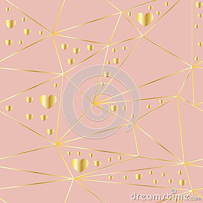 Heart polygon pattern. Pink background with gold lines and hearts Vector Illustration