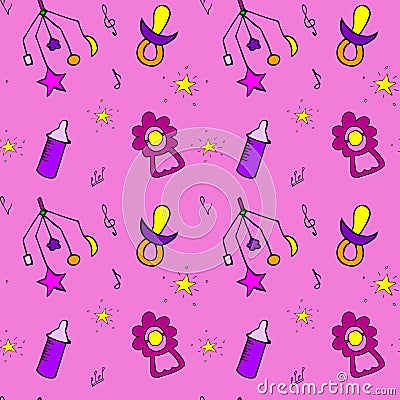 Pink background pattern with kids toys stars and feeding bottle sheet music and treble clef. Vector Illustration