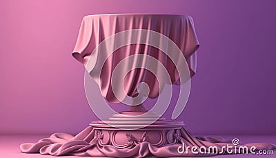 pink background with pedestal and flying silk cloth . Ai generative Stock Photo