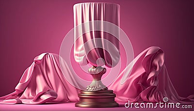 pink background with pedestal and flying silk cloth . Ai generative Stock Photo