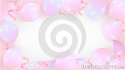 Pink background from realistic air balloons with a blank sheet of paper. Template for celebration of birthday, Valentines Day Vector Illustration