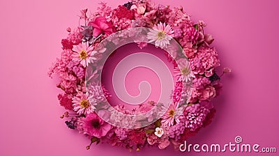 Pink background showcases a wreath of different small flowers, providing space for personalized text Stock Photo