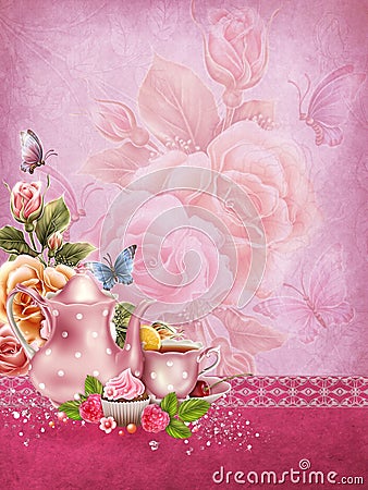 Pink background with a tea pot Stock Photo