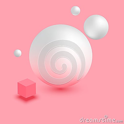 Pink background with white 3d balls and cube. Vector Illustration