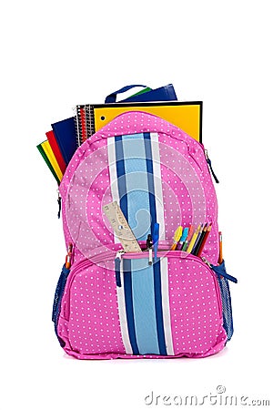 Pink backpack with school supplies Stock Photo