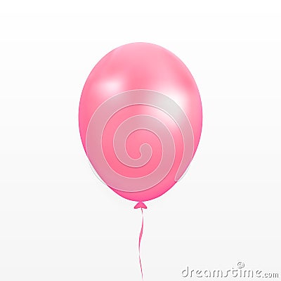 Pink balloon vector. Party baloon with ribbon and shadov isolated on white background. Flying 3d bal Vector Illustration