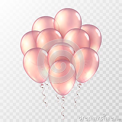 Pink balloons. Bunch of helium golden rose baloons. Gold realistic ballon vector illustration. Vector Illustration