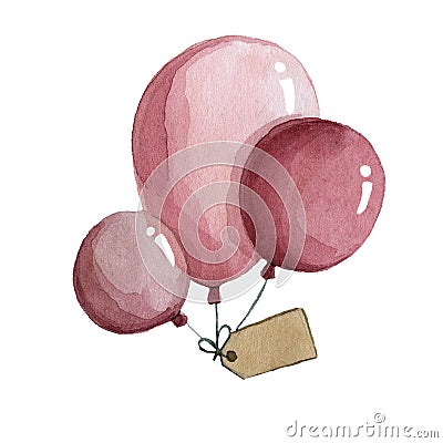 Pink balloons are flying watercolor Cartoon Illustration
