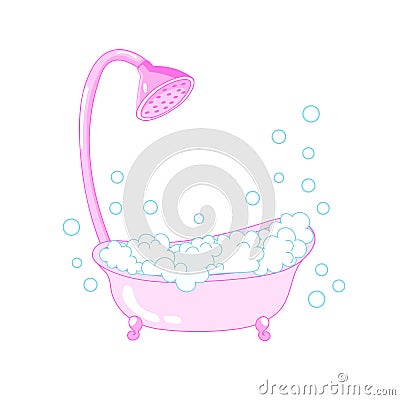 Pink bathroom for a Princess with foam and bubbles, illustration of a cute bathing baby. Cartoon Illustration