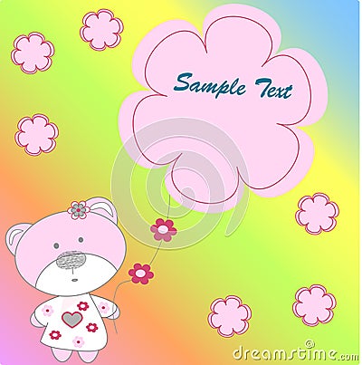 Pink Bear with flowers in rainbow background Vector Illustration