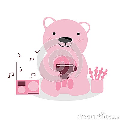 Pink bear holds a cup of warm tea. Listen to music beside a plant pot. Stock Photo