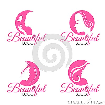 Pink Beautiful Face lady woman logo vector set design Vector Illustration