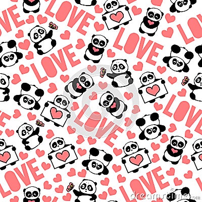 Pink, beautiful and romantic hand drawn pandas with hearts love typography design repeated pattern vector Vector Illustration